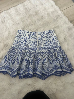 Vit och blå mönstrad kortkjol Zara  - Superfin kortkjol i vitt och blått med broderat blommönster och dekorativa knappar. Den här storlek M men är som en S för att den är väldigt liten i storleken 💕