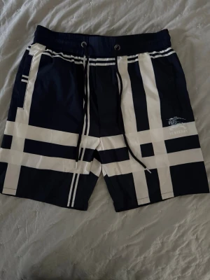 Blåvita rutiga shorts från Burberry - Säljer ett par snygga blåvita shorts från Burberry med rutigt mönster och snörning i midjan. Helt nya, använda en gång. Storlek L men sitter som M. Shortsen har elastisk midja och fickor på sidorna samt en bakficka. Perfekta för sommaren och har en modern, avslappnad passform.