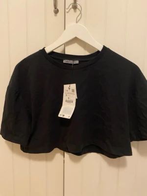 Svart croppad topp från Zara - Svart croppad topp från Zara med rund halsringning och korta ärmar. 