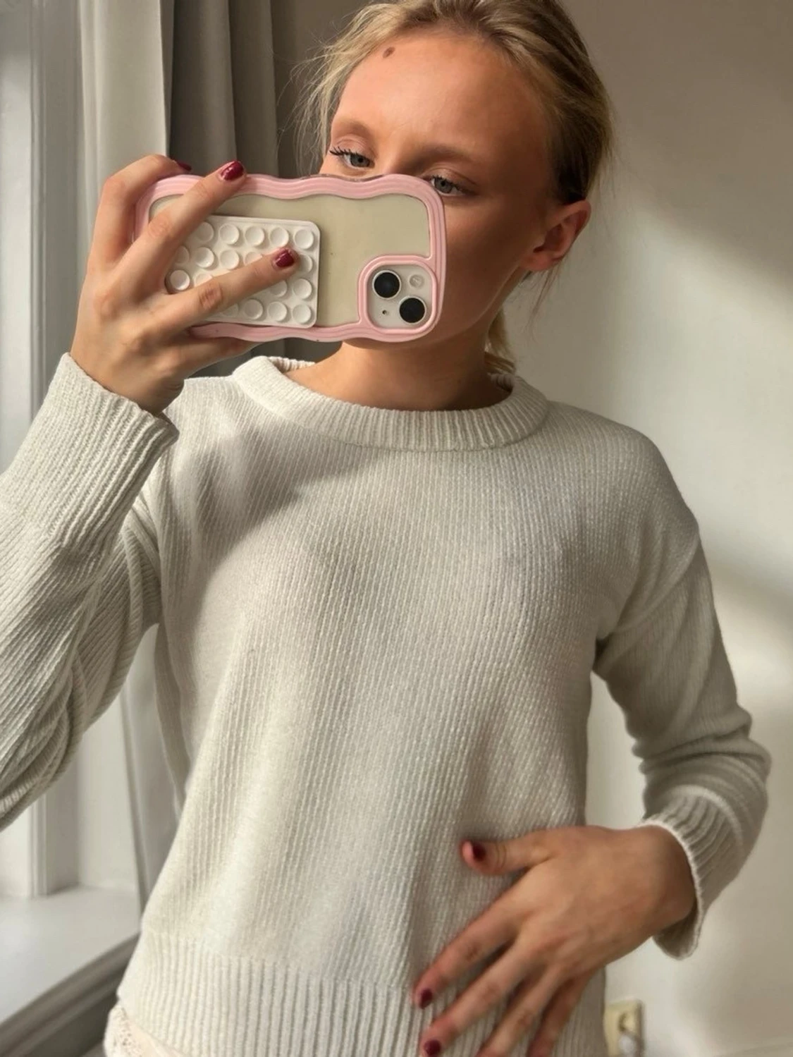 Beige stickad tröja med rund hals💖 - 2