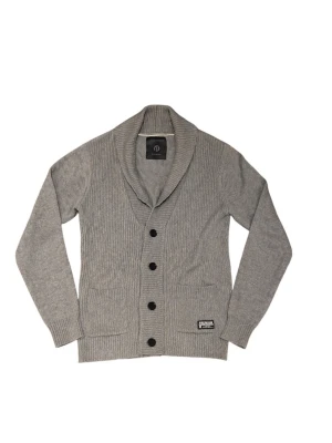 Grå ribbstickad kofta från Jack&Jones  - Snygg grå ribbstickad kofta med sjalkrage och tre svarta knappar framtill. Koftan har två fickor och är tillverkad i ett mjukt, skick 9/19 inga hål eller defekter