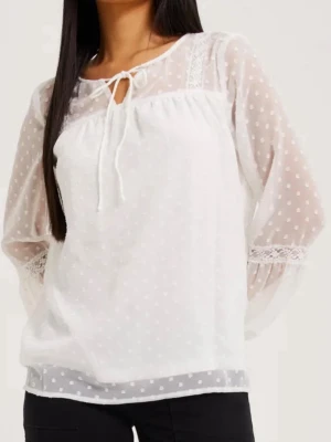 Vit prickig blus med knytband - Söt vit blus från Vila med diskreta prickar, transparent tyg och spetsdetaljer vid axlar och ärmslut. Blusen har långa ärmar och knytband vid halsen för en romantisk look. Perfekt att styla med jeans eller kjol.