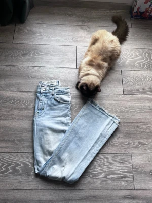 Ljusblå slitna jeans med raka ben - Säljer ett par ljusblå jeans med raka ben och slitna detaljer vid knäna. Jeansen har klassisk femficksdesign och råa, fransiga benslut. Perfekta för en avslappnad och trendig look.
