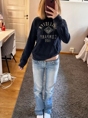 Mörkblå college-tröja Hollister - Mörkblå college-tröja från Hollister med tryckt logga och text framtill. Tröjan har hög krage, långa ärmar och en avslappnad passform. Perfekt för en chill och casual stil. INTRESSEKOLL!💗💗