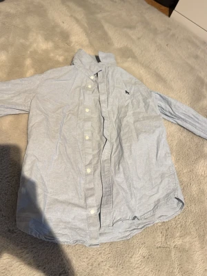 Ljusblå skjorta med broderad logga - Klassisk ljusblå skjorta från Abercrombie & Fitch med knappar framtill och broderad mörkblå logga på bröstet. Skjortan har lång ärm och är tillverkad i mjuk bomull, perfekt för en clean och stilren look.