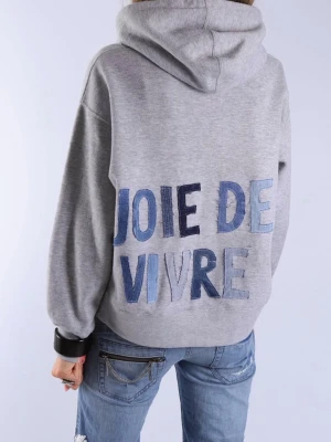 Grå hoodie med jeans text på ryggen ”JOIE DE VIVRE” - Otroligt fin och unik hoodie med jeans detaljer på ryggen. Texten som står på ryggen är ”JOIE DE VIVRE”!!  - Storlek: M - Modellen är 175 cm för referens och bär vanligtvis storlek S!!  Hoodien är i jättebra skick och har inga defekter (vad vi märkt)!!  Vid frågor eller funderingar - tveka inte att höra av dig🪽 