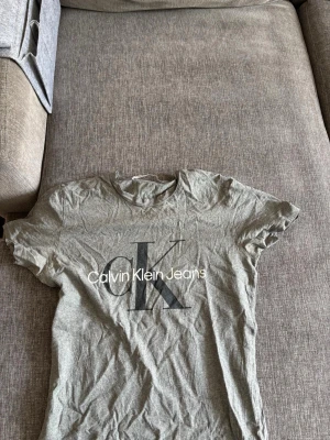 Grå Calvin Klein Jeans t-shirt - Snygg grå t-shirt från Calvin Klein Jeans med stort CK-tryck på bröstet. Klassisk rund hals och korta ärmar. Tillverkad i mjuk bomull som känns skön mot huden. Perfekt för en avslappnad och trendig look.