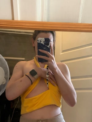 Gul omlott halterneck topp - Trendig gul omlott topp med halterneck och öppen rygg. Toppen är ärmlös och har knytning i nacken, vilket ger en snygg och unik look. Perfekt för varma dagar och somriga outfits. Jag har tidigare haft katter så katthår kan förekomma men kläderna är alltid tvättade innan de skickas. 