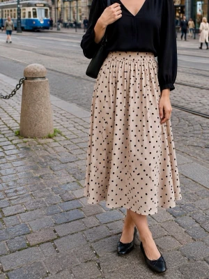 Beige prickig långkjol - Beige långkjol med svarta prickar och hög midja. Kjolen har en lätt utställd form och är gjord i ett mjukt, flowy material som ger en snygg siluett. Perfekt för dig som gillar en klassisk men trendig look.