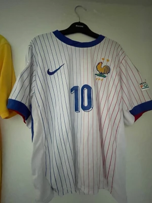 Frankrike fotbollströja Nike #10 - Vit fotbollströja från Nike med tunna blå och röda ränder, blå detaljer vid krage och ärmslut. Frankrikes landslagsmärke med tupp och tre stjärnor på bröstet, nummer 10 på fram- och baksidan. UEFA Euro 2016-märke på ärmen. Perfekt för fotbollsfans!