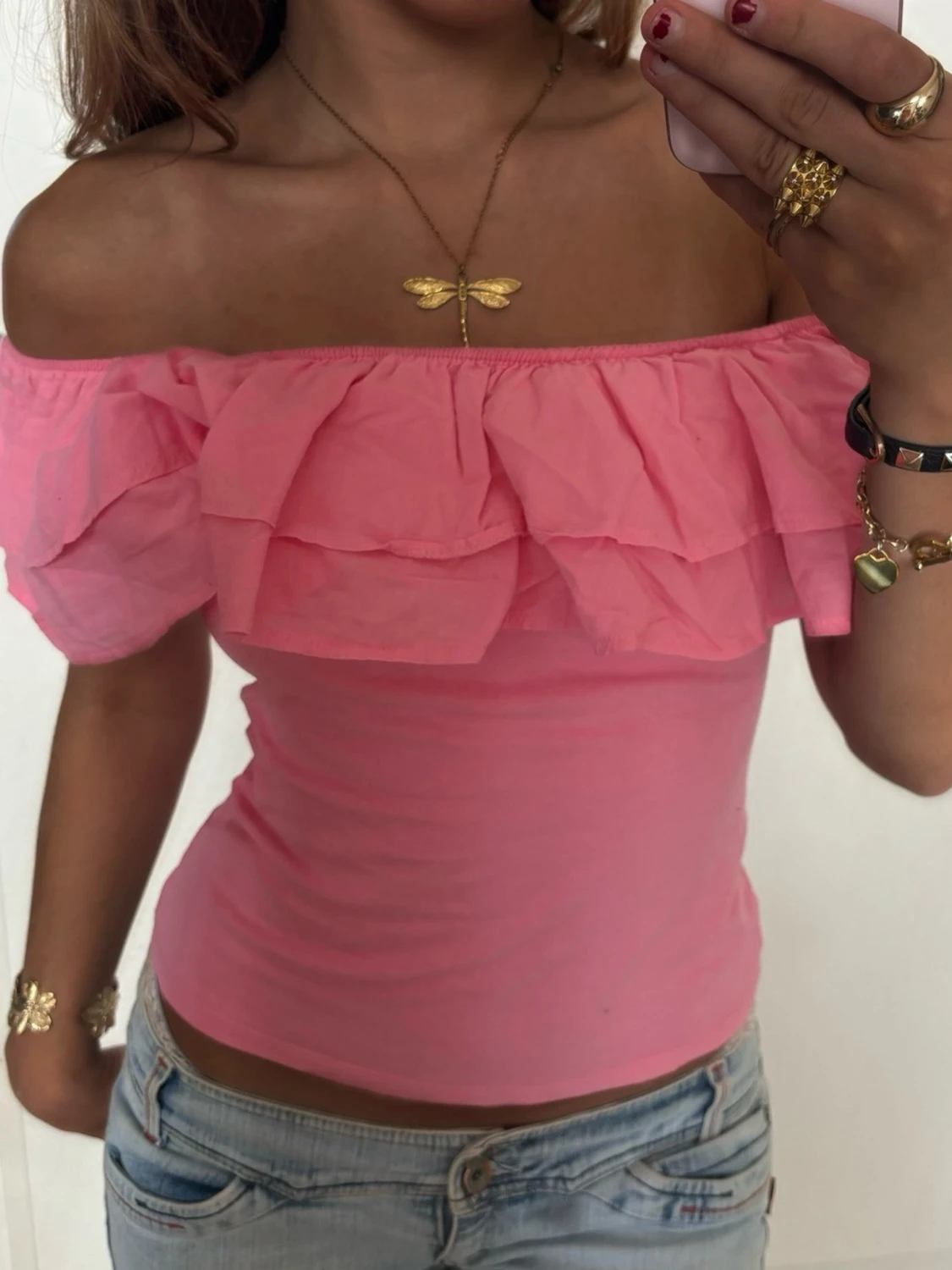 Offshoulder volangtopp rosa