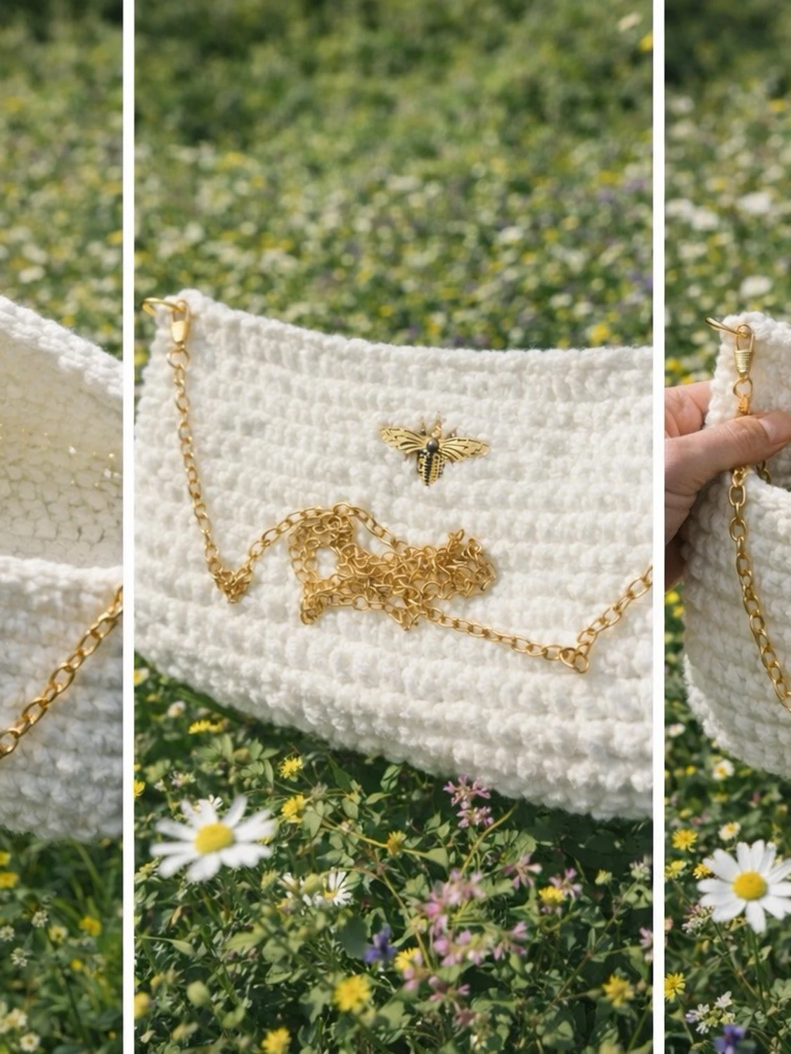 Vit virkad kuvertväska med guldkedja - 1