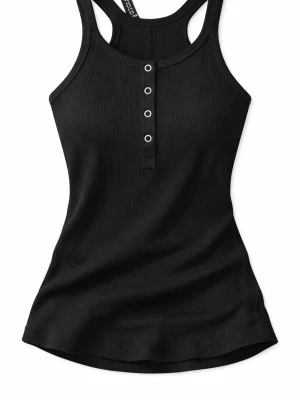 Svart ribbad linnetopp med vingar - Säljer en svart ribbad linnetopp från Collusion med tryckta änglavingar i metallicfärger på ryggen. Toppen har knappdetaljer framtill och är ärmlös med breda axelband. Perfekt för dig som gillar edgy och unik stil.