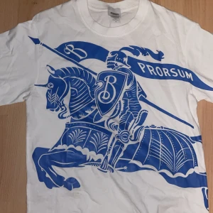 Vit t-shirt med blått riddartryck - Vit t-shirt från Gildan med stort blått tryck av en riddare på häst och texten 'PRORSUM'. Klassisk passform och rund halsringning. Perfekt för dig som gillar unika och grafiska motiv.