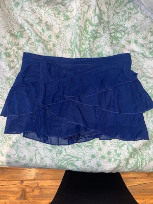 Blå volangskort med mesh - Supersöt blå skort med flera lager volanger och meshmaterial. Kjoldesignen framtill och shorts under ger en sportig men ändå feminin look. Perfekt för dig som vill ha både stil och komfort i ett plagg.