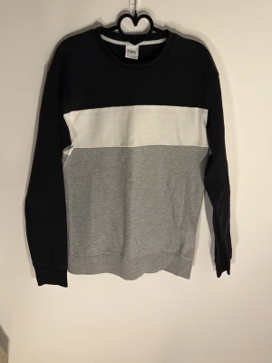 Svart, grå och vit hoodie från Zara - Säljer en snygg hoodie från Zara med färgblock i svart, vitt och grått. Tröjan har rund halsringning och långa ärmar. Materialet är mjukt och bekvämt, perfekt för en avslappnad stil. Passar dig som gillar enkel och stilren design.