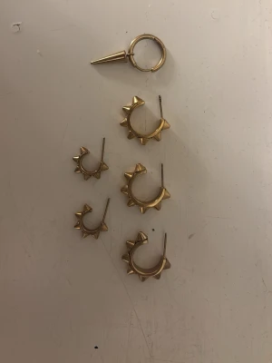 Guldiga örhängen med nitar - Säljer ett set med sex guldiga örhängen i olika storlekar. Alla har en cool design med spetsiga nitar runt hela ringen, vilket ger en edgy och trendig look. Perfekta för dig som vill sticka ut lite extra med dina accessoarer. om man vill köpa alla blir det 520kr, bara dem små piggarna 180kr, dem stora piggarna, 250kr, bara de örhänget med en lång nitt 55kr.