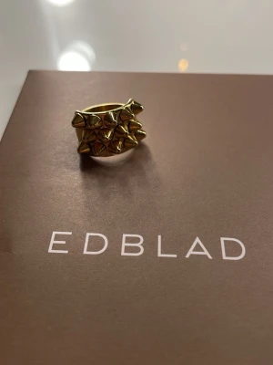 Guldfärgad ring med nitar från Edblad - Cool ring från Edblad i guldfärgad metall med flera små nitar runt hela ringen. Ringen är supertrendig och den är i väldigt bra skick. Den säljs på grund av att jag aldrig använder den. Storleken är 17,50. Orginalpris är 399kr❤️pris kan diskuteras💕
