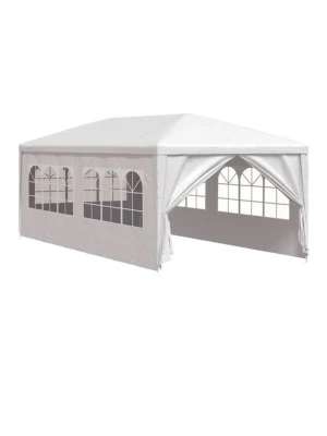 Stort vitt partytält med fönster - Säljer ett stort vitt partytält med klassiska fönster i plast på sidorna och öppningsbar front. Tältet har rektangulär form och är tillverkat i slitstark plast och metallstomme. Perfekt för utomhusevent och fester när du vill ha skydd mot väder. Nypris 1200kr, endast använd 1 gång