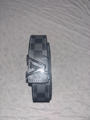 L belt  - Säljer ett L,v bälte med klassiskt rutigt mönster i svart och grått. Bältet har en stor, silverfärgad L,v -logga som spänne och är gjort i ett tåligt material med läderkänsla. Perfekt accessoar för att lyfta din outfit.