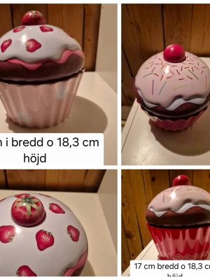  4 st Cupcake-formad burk i plåt från England. - Säljer 4 st  söta burk i form av en cupcake, tillverkad i plåt från england Burken är rosa med vita och bruna detaljer, dekorerad med jordgubbar och strössel på locket. Perfekt för förvaring av småsaker eller godis. Mått: ca 17 cm bred och 18,3 cm hög.
