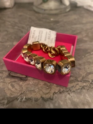 Guldigt armband med stora kristaller - Snyggt armband från Dyr berg kern rosé metall med stora, klara kristaller infattade i fyrkantiga länkar. Armbandet har en chunky kedja och känns riktigt lyxigt och trendigt. Perfekt accessoar för att lyfta din outfit.