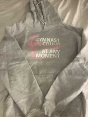 Grå hoodie med gymnast-tryck - Säljer en grå hoodie med huva och magficka. På bröstet står det 'GYMNAST COULD FLIP AT ANY MOMENT' i vitt och rosa text tillsammans med en gymnast-silhuett. Perfekt för dig som gillar gymnastik och vill ha en chill och sportig stil.