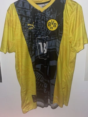 BVB Puma matchtröja gul/svart - Storlek XL/LBorussia Dortmund matchtröja från Puma i gul och svart med grafiskt mönster och klubbmärke på bröstet. Tröjan har V-ringad krage och 1&1 sponsortryck framtill. Perfekt för dig som älskar fotboll och vill representera BVB.