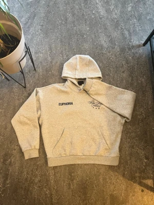 Grå hoodie med EUPHORIA - Snygg grå hoodie med svart EUPHORIA-tryck på bröstet och diskret textdetalj på andra sidan. Klassisk känguruficka framtill och stor huva. Tillverkad i mjukt sweatshirtmaterial, perfekt för chill dagar. Ribbade muddar vid ärmar och nederkant för extra komfort.