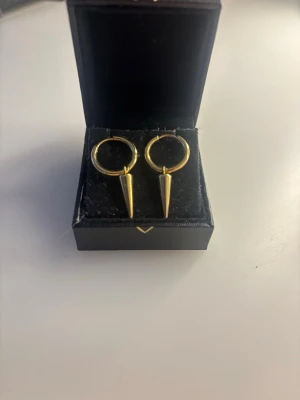 Guldfärgade hoops med konformad detalj - Säljer ett par stilrena guldfärgade örhängen i hoop-modell med hängande konformade detaljer. Örhängena har en modern och edgy look som passar perfekt till dig som vill sticka ut. Levereras i en svart ask.