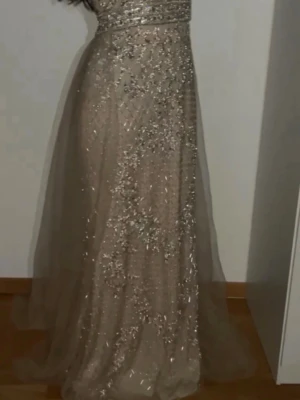 Glittrig långklänning i champagne - Säljer en magisk långklänning i champagnefärg med glittriga paljettdetaljer över hela klänningen. Klänningen har en elegant, figurnära överdel och ett svepande, transparent tyg i kjolen. Perfekt för bal eller festliga tillfällen.
