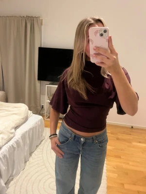 Mörklila croppad topp med vida ärmar - Säljer en vinröd topp, vida ärmar.Toppen har en tight passform i midjan och är perfekt för dig som gillar en trendig och stilren look. Inget synligt märke på plagget.