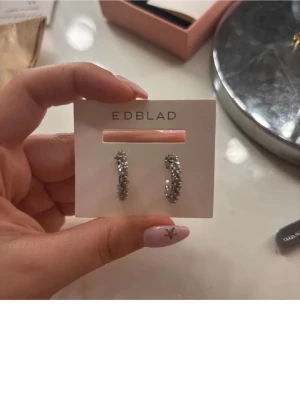 Silvriga örhängen från Edblad - Säljer ett par snygga silvriga örhängen från Edblad. De är halvmåneformade och dekorerade med små pärlliknande detaljer längs hela bågen. Perfekta för dig som gillar stilrena men ändå unika accessoarer.