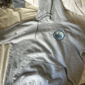 Grå hoodie med tryck och huva - Ljusgrå hoodie med tryck på bröstet och ryggen. På framsidan finns ett blått emblem med berg och text, samt årtalet 2017. På ryggen står det 'Klassens: Emelie' i svart. Hoodien har huva med snörning och en stor magficka. Är en klasshoddie men är väldigt snygg. 
