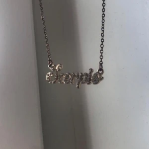 Halsband med texten 'Scorpio' - Snyggt halsband med kedja i guldton och ett hängsmycke där det står 'Scorpio' i glittriga stenar. Perfekt för dig som är stolt skorpion och vill visa det med stil. Kedjan är tunn och smycket har en cool, personlig vibe.