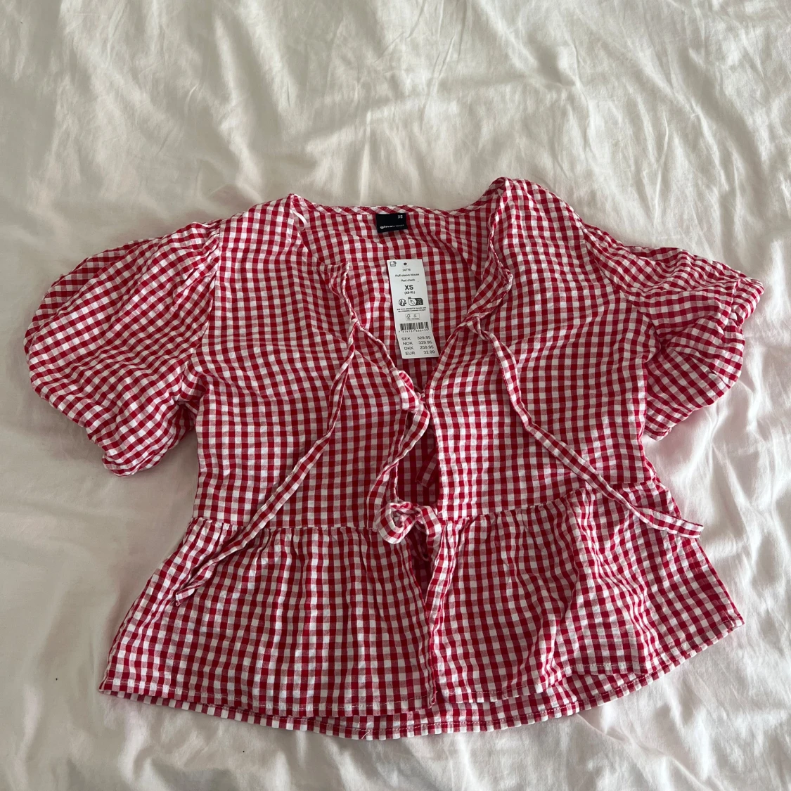 Gingham rutig röd blus med puffärm - 2