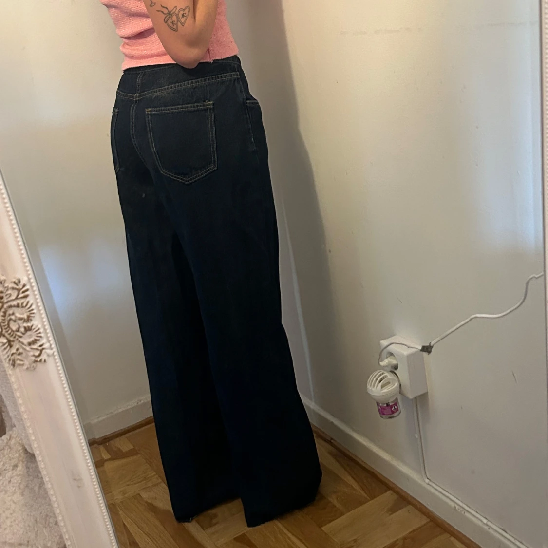 Mörkblå wide jeans med snörning - 3