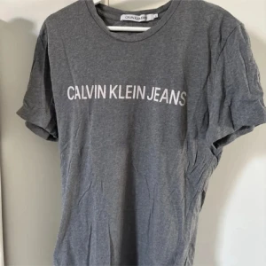 Grå t-shirt från Calvin Klein Jeans - Säljer en grå t-shirt från Calvin Klein Jeans med vit logga tryckt över bröstet. Klassisk rund halsringning och korta ärmar. Perfekt för en clean och enkel stil.