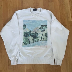 Vit sweatshirt med konstmotiv - Vit (oversized) sweatshirt med tryck av ett landskapsmotiv i grönt och blått på framsidan. Rund halsringning och ribbade muddar. Tryck med text och nummer på ryggen upptill. Perfekt för dig som gillar unik design. Finns fläckar som visas på sista bilden men dem är svåra att se. 