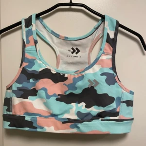 Camo sport-bh i pastellfärger - Sport-bh med camouflagemönster i blått, rosa, svart och vitt. Modellen har brottarrygg och bred resår nedtill för extra stöd. Perfekt för träning och aktiva dagar.