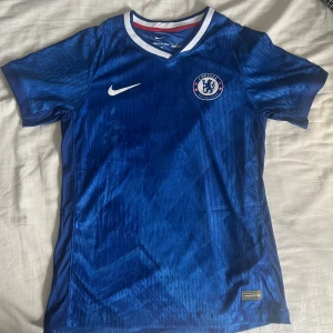 Chelsea Hemmaställ - Chelsea FCs officiella matchtröja från Nike i blått med diskret geometriskt mönster. Tröjan har vit V-ringad krage med röd detalj, korta ärmar och är tillverkad i Dri-FIT ADV-material som andas. Chelsea-emblem och Nike-logga på bröstet.