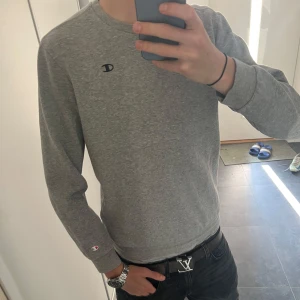 Grå långärmad tröja från Champion - Säljer en stilren grå långärmad tröja från Champion med diskret logga på bröstet och ärmen. Tröjan har rund halsringning och är gjord i mjuk bomull, perfekt för chill dagar eller när du vill hålla det enkelt men snyggt.
