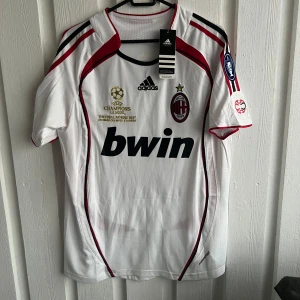 Vit AC Milan fotbollströja med Kaka 22 - Säljer en vit AC Milan fotbollströja från Adidas med Kaka 22 på ryggen. Tröjan har korta ärmar och detaljer i rött och svart. Den har Champions League-märke och Bwin-logga på framsidan. Perfekt för fans av AC Milan och Kaka!