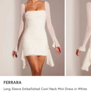 Vit klänning med pärlor Oh Polly - Säljer en elegant vit klänning från Oh Polly med glittrande detaljer. Klänningen har en tight passform och långa ärmar. Den är kort och har en stilren design med en cowl neck. Perfekt för en studentmottagning exempelvis! riktig dröm klänning helt klart😍den är endast testad och kostade en del + tull då den e från england så vill endast sälja vid rätt pris isåfall 🙏🏼❤️❤️storlek 4 så är Xxs/xs