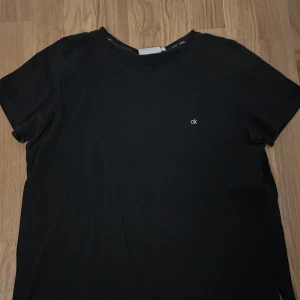Svart t-shirt från Calvin Klein - Säljer en stilren svart t-shirt från Calvin Klein med liten 'ck' logga på bröstet. Perfekt för en enkel och snygg look. T-shirten har korta ärmar och är gjord i mjukt bomullsmaterial. Står att det är storlek L men sitter bra på mig som har s