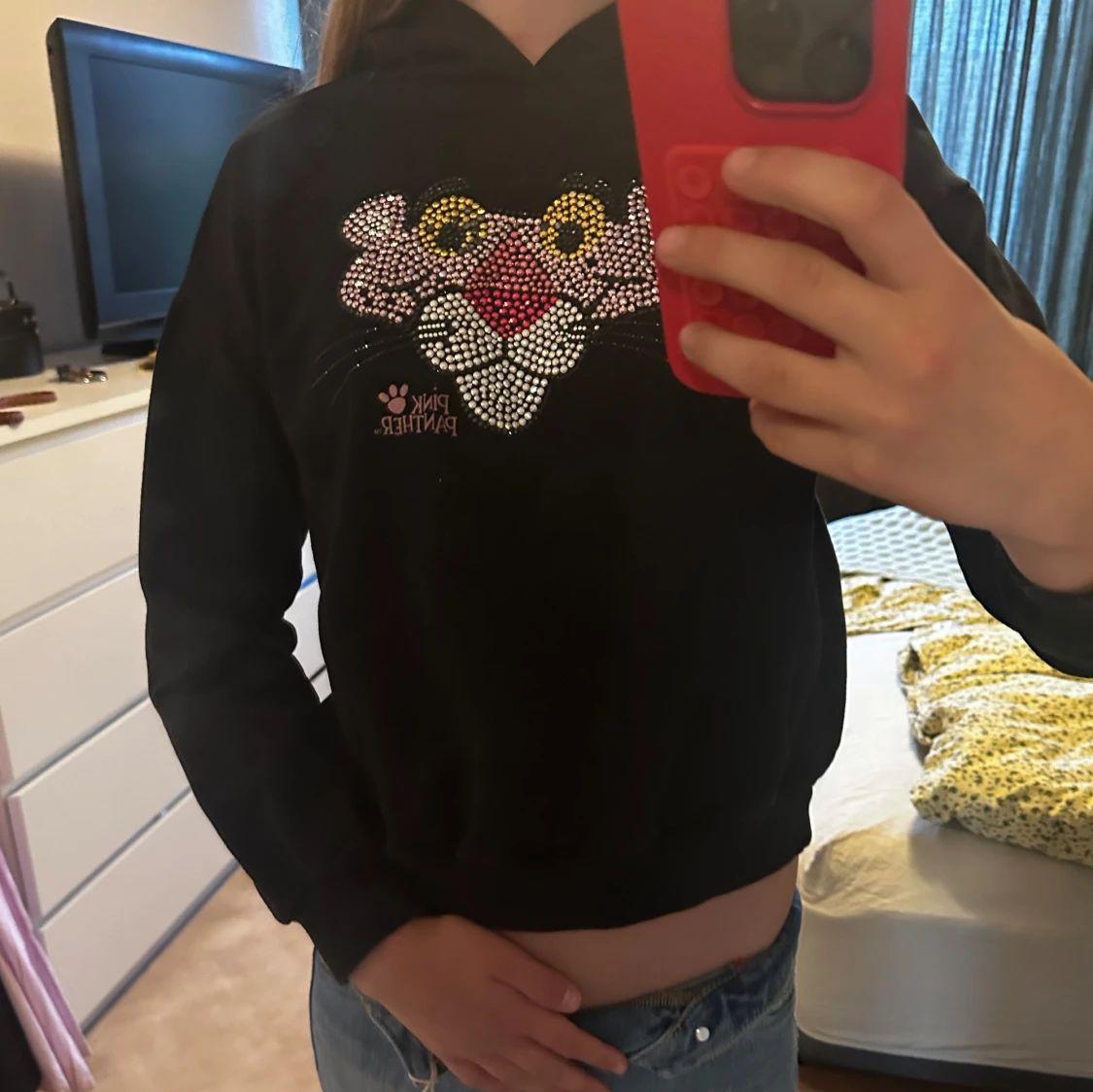 Svart Pink Panther hoodie med strass - 1