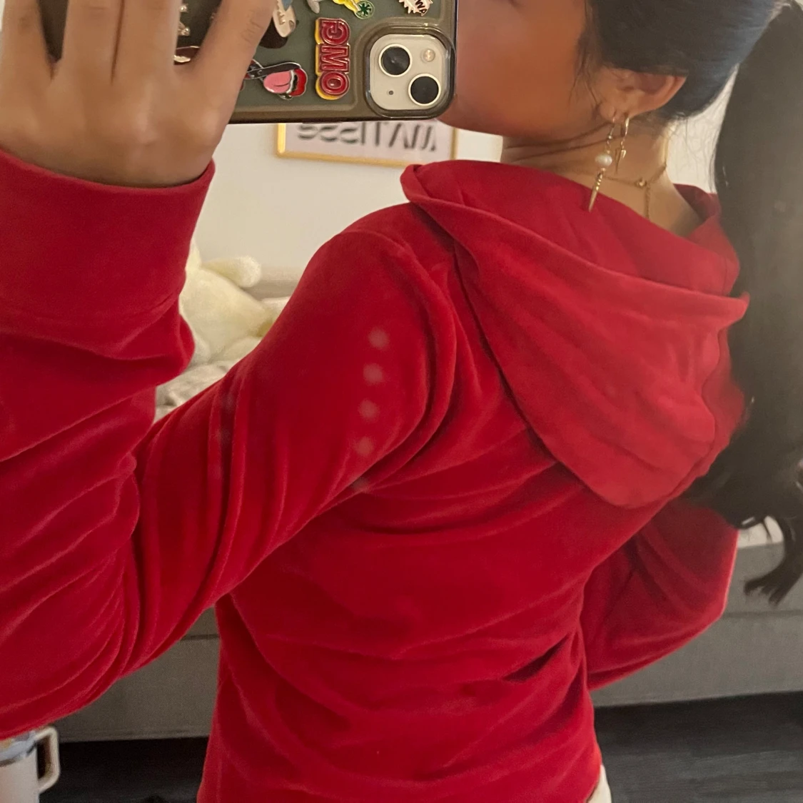 Röd velour hoodiejacka XS - 1