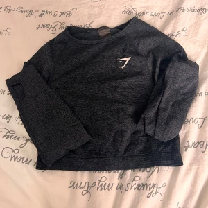 Svart långärmad tröja från Gymshark - Mörkgrå långärmad tröja från Gymshark med diskret logga på bröstet. Tröjan är i mjukt syntetmaterial och har tumhål i ärmsluten, perfekt för träning eller chill. Snygg och enkel design som passar till det mesta.