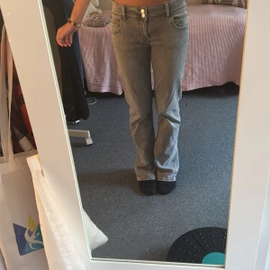Grå low waist bootcut jeans med stjärna - Säljer ett par grå bootcut jeans med snygg passform och dubbla knappar i midjan. Jeansen har en silverfärgad stjärna på bakfickan som liten detalj. Från Gina Young, storlek 170 och passar 174 i längden💞