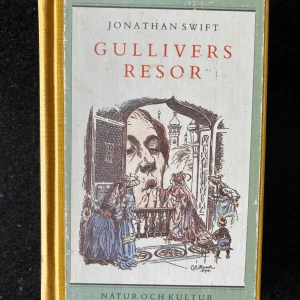 Gullivers resor - Säljer boken 'Gullivers resor' av Jonathan Swift, översatt och bearbetad för barn av Beppe Wolgers. Boken har hård pärm med gul rygg och grönt omslag, samt fina illustrationer av Charles E. Brock. Perfekt för dig som gillar klassiska äventyr. Boksidorna är i bra skick.